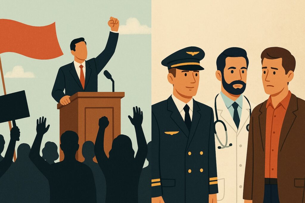 “A imagem é dividida em duas partes. À esquerda, um comício: um orador de terno fala em um púlpito, erguendo o punho, enquanto uma multidão levanta os braços e segura cartazes, simbolizando a voz do povo e a democracia. À direita, aparecem um piloto de uniforme e um médico de jaleco com estetoscópio, observados por um homem pensativo, representando a confiança em especialistas.”